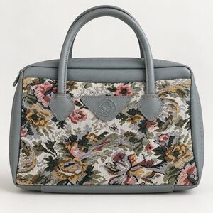 Vintage 1991 Foreva Floral Tapestry Handbag Gray Faux Leather Top Handle Bag